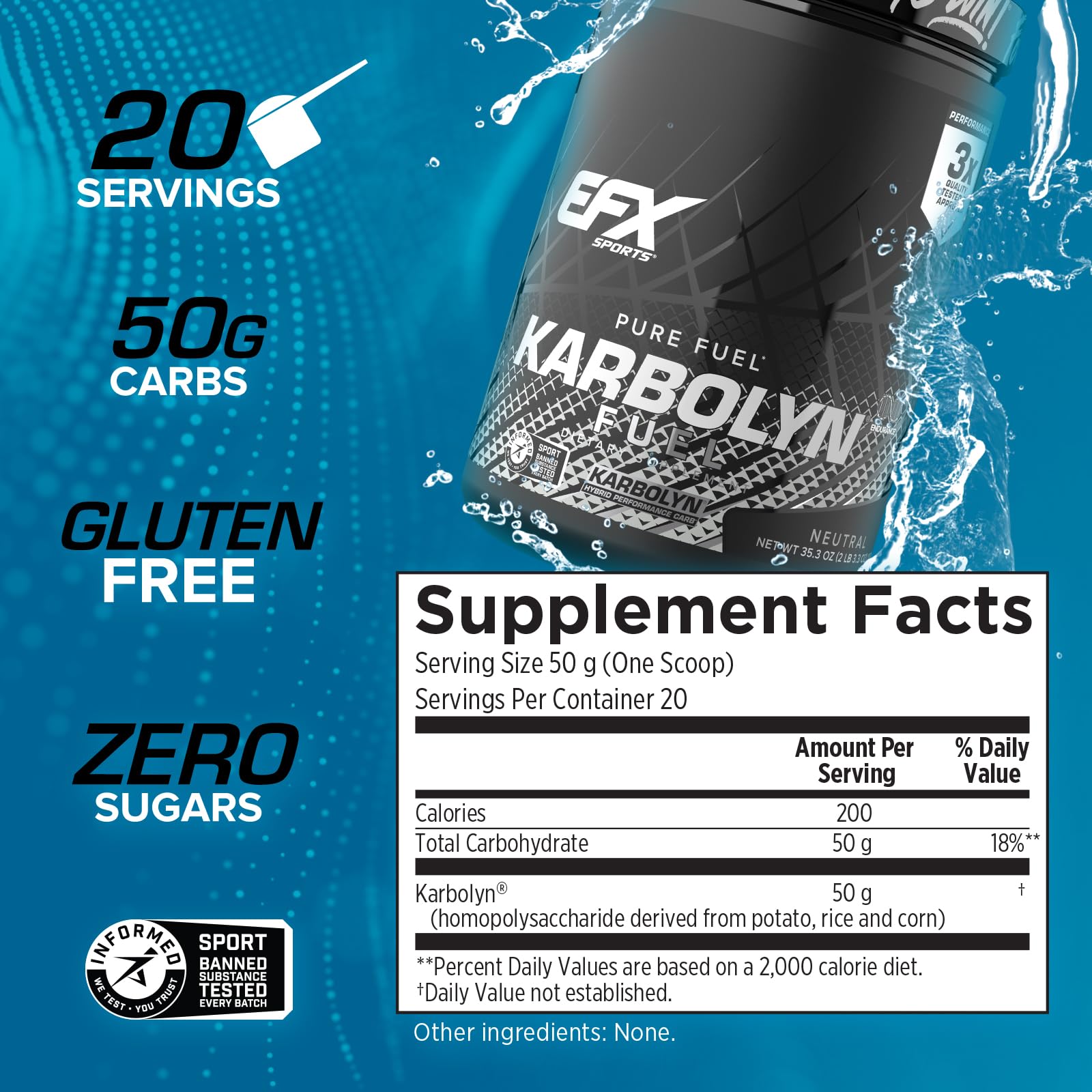 EFX Sports Karbolyn Fuel | Fast-Absorbing Carbohydrate Powder | Carb Load, Sustained Energy, Quick Recovery | Stimulant Free | 20 Servings (Neutral) - dailyvitalstore