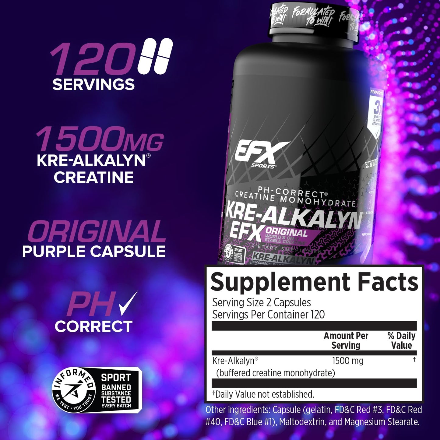 EFX Sports Kre-Alkalyn EFX | pH Correct Creatine Monohydrate Pill Supplement | Strength, Muscle Growth & Performance | 120 Servings, 240 Capsules - dailyvitalstore