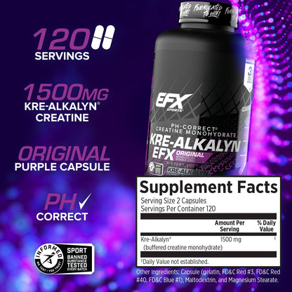 EFX Sports Kre-Alkalyn EFX | pH Correct Creatine Monohydrate Pill Supplement | Strength, Muscle Growth & Performance | 120 Servings, 240 Capsules - dailyvitalstore