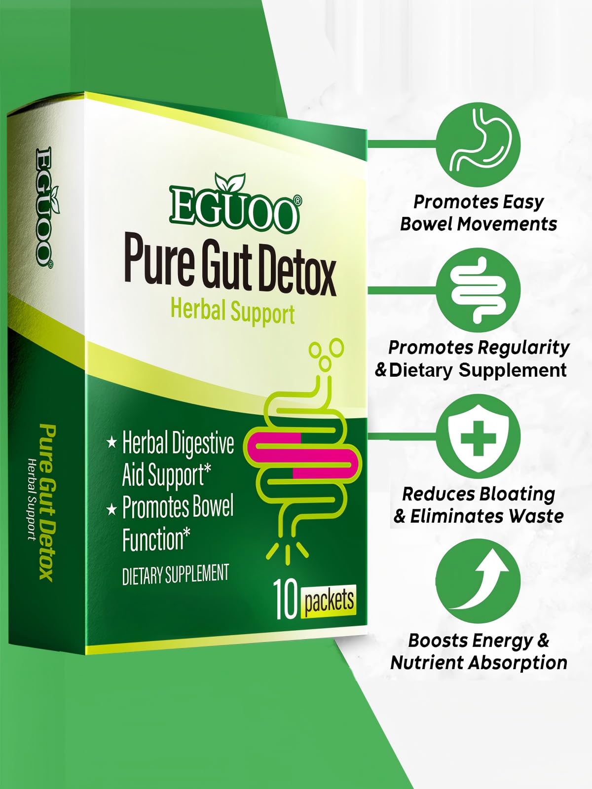 EGUOO Pure Gut Detox Powder – Bloating & Digestive Support | 10 Sachets Colon Cleanse with 2,456mg Prebiotics, DigeZyme® Enzymes & Senna - dailyvitalstore