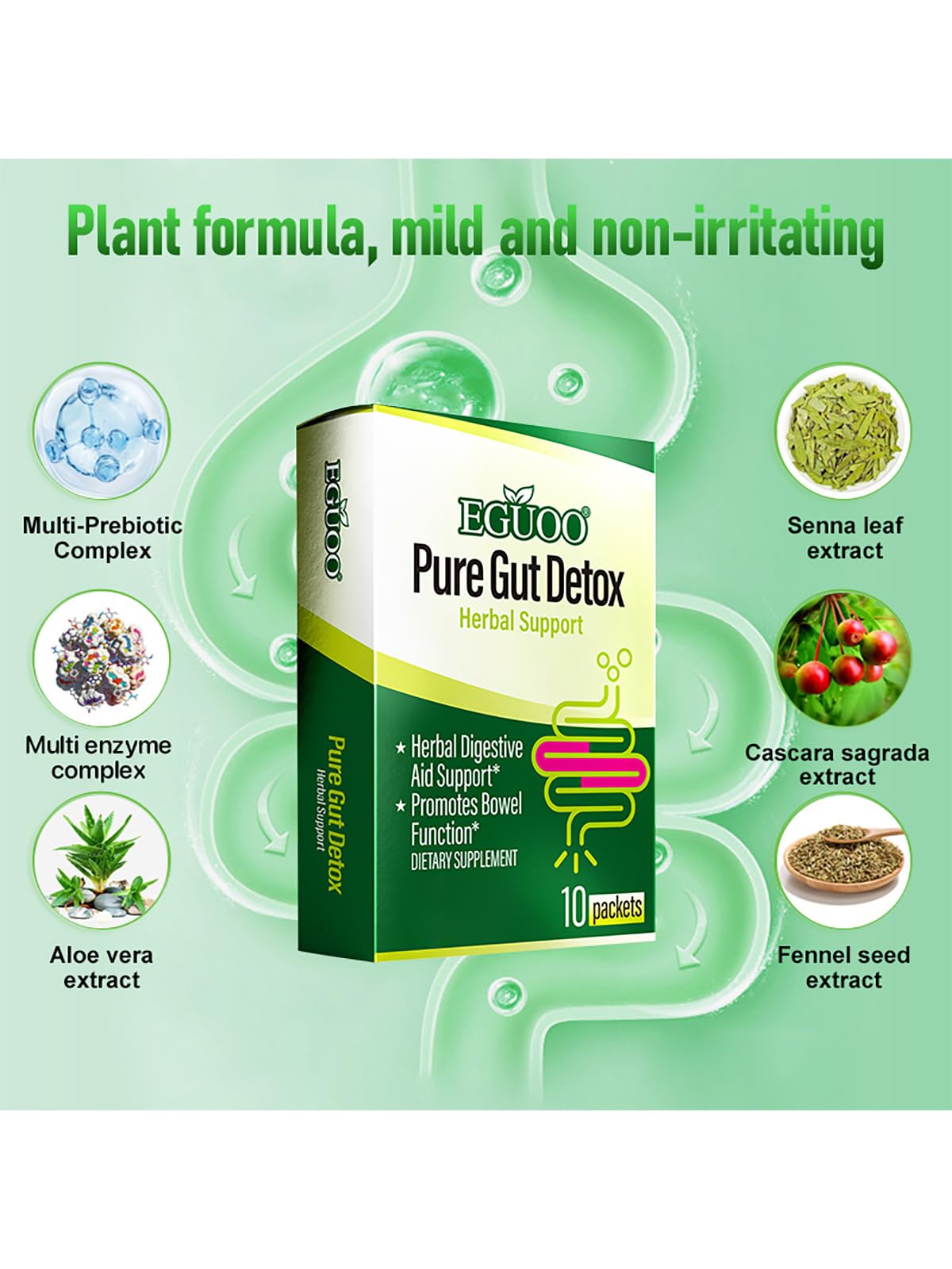 EGUOO Pure Gut Detox Powder – Bloating & Digestive Support | 10 Sachets Colon Cleanse with 2,456mg Prebiotics, DigeZyme® Enzymes & Senna - dailyvitalstore