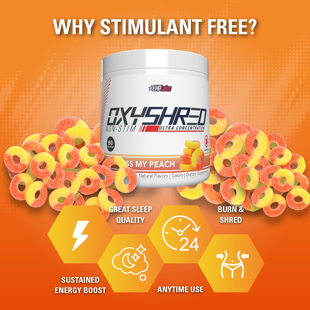 EHP Labs OxyShred Non Stimulant Pre Workout Powder - Stim Free Pre Workout, Caffeine Free Preworkout for Men & Women with L Glutamine & Acetyl L Carnitine - Peach, 60 Servings - dailyvitalstore
