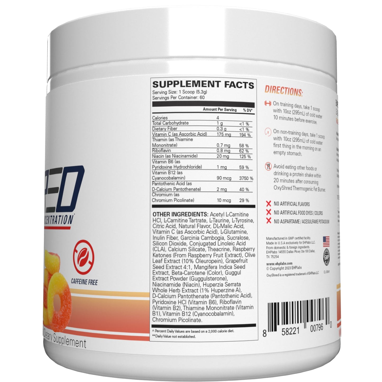 EHP Labs OxyShred Non Stimulant Pre Workout Powder - Stim Free Pre Workout, Caffeine Free Preworkout for Men & Women with L Glutamine & Acetyl L Carnitine - Peach, 60 Servings - dailyvitalstore