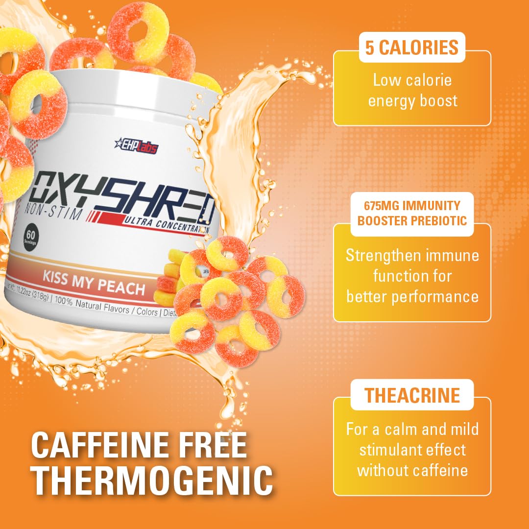 EHP Labs OxyShred Non Stimulant Pre Workout Powder - Stim Free Pre Workout, Caffeine Free Preworkout for Men & Women with L Glutamine & Acetyl L Carnitine - Peach, 60 Servings - dailyvitalstore