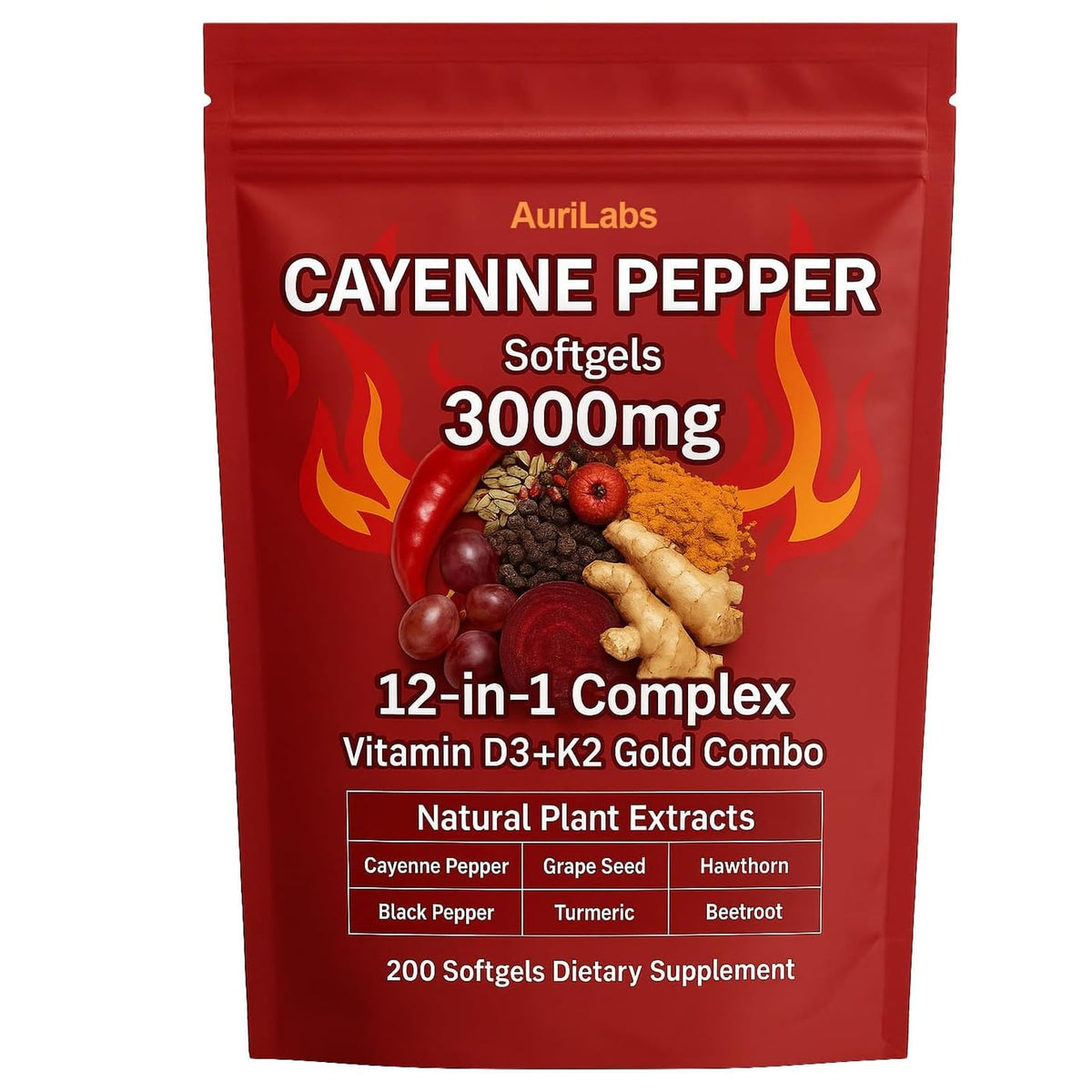 EILTEAU AuriLabs Cayenne Pepper Softgels Supplement, Supports Leg Vein, Heart and Blood Vessel Health, with Vitamin E D3+K2 and Extracts of Grape Seed, Hawthorn, Beetroot and Others (1) - dailyvitalstore