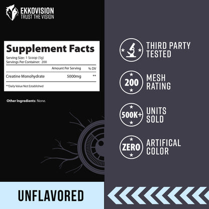 Ekkovision Creatine Monohydrate Powder, Micronized, Unflavored, Pre Workout & Post Workout Supplement for Men and Women, Energy Support, Easy to Mix in Shakes - dailyvitalstore