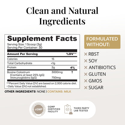 Elavite Bovine Colostrum Powder (Unflavored) Grass Fed Colostrum Supplement for Gut Health, Immune Support Healthy Hair, Skin & Nails - 30 Servings - dailyvitalstore