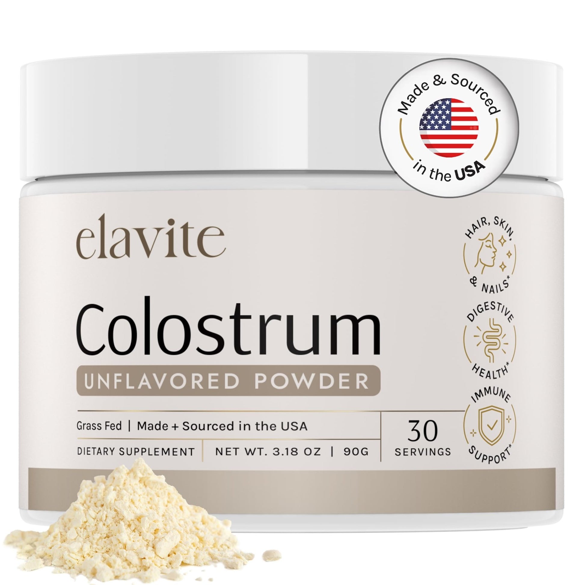 Elavite Bovine Colostrum Powder (Unflavored) Grass Fed Colostrum Supplement for Gut Health, Immune Support Healthy Hair, Skin & Nails - 30 Servings - dailyvitalstore