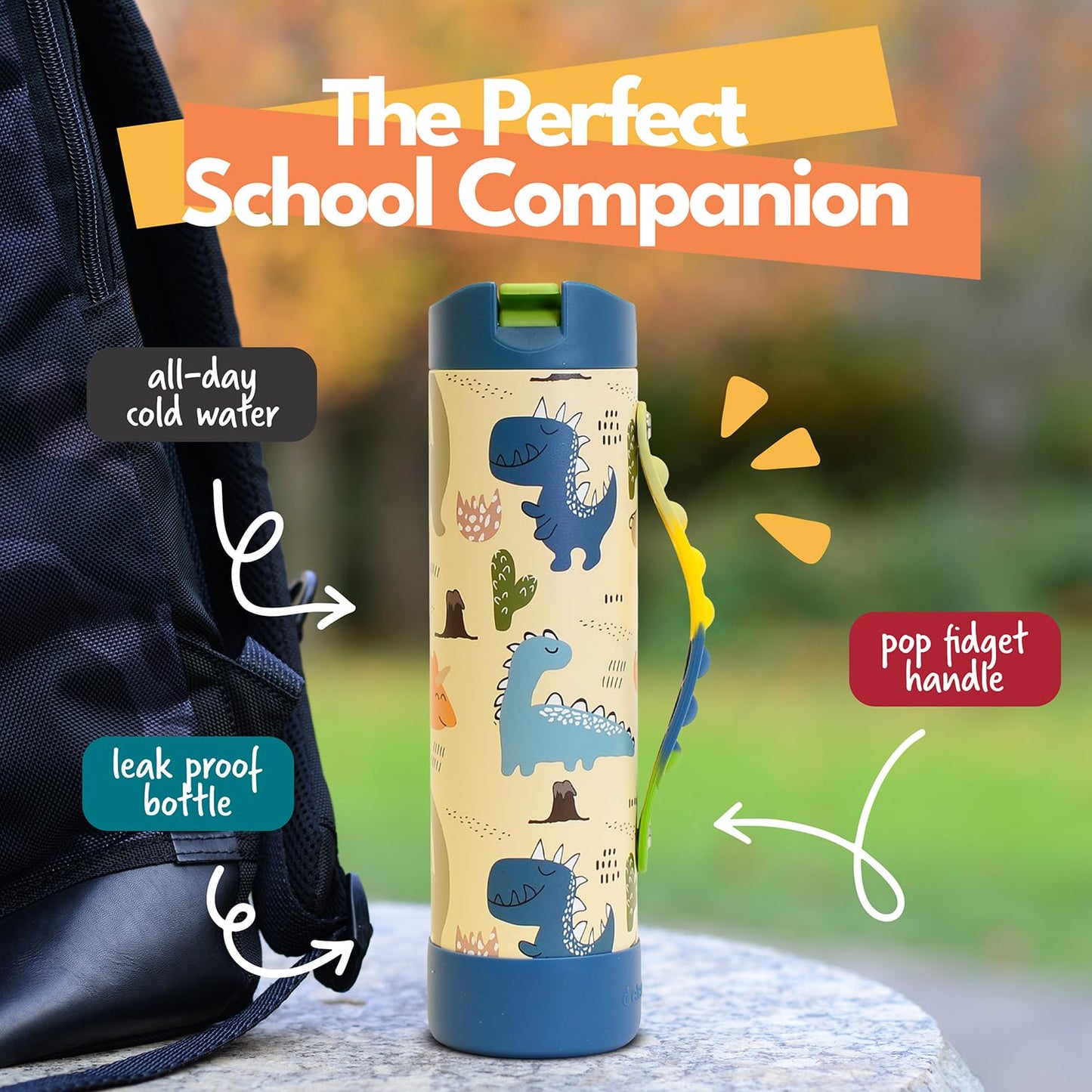 Elemental Iconic Kids Water Bottle for School - 100% Leak-Proof Insulated Water Bottles with Straw Lid & Pop-It Handle for Boys & Girls - Triple-Wall Insulated & BPA-Free, 20oz – Dinosaur - dailyvitalstore