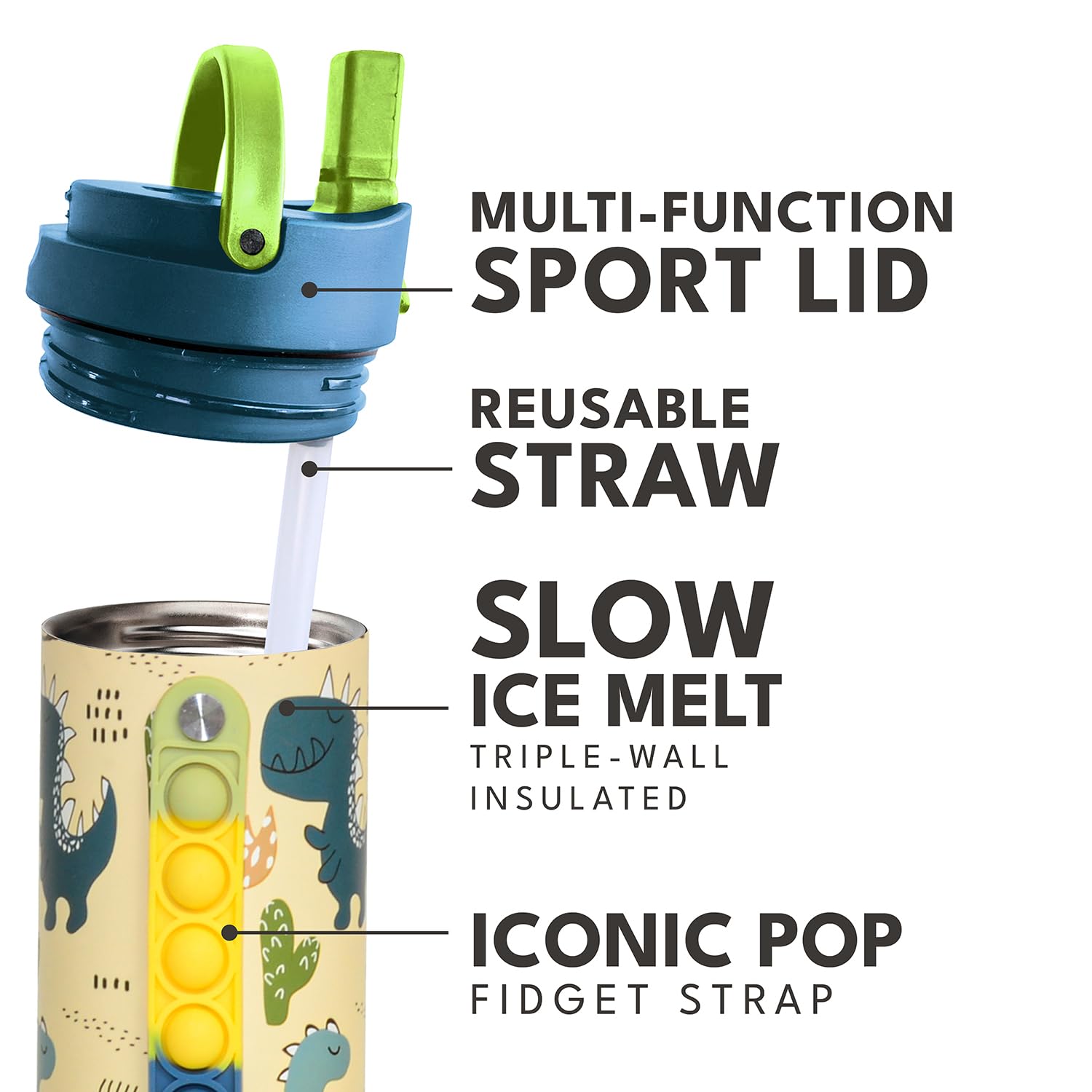 Elemental Iconic Kids Water Bottle for School - 100% Leak-Proof Insulated Water Bottles with Straw Lid & Pop-It Handle for Boys & Girls - Triple-Wall Insulated & BPA-Free, 20oz – Dinosaur - dailyvitalstore