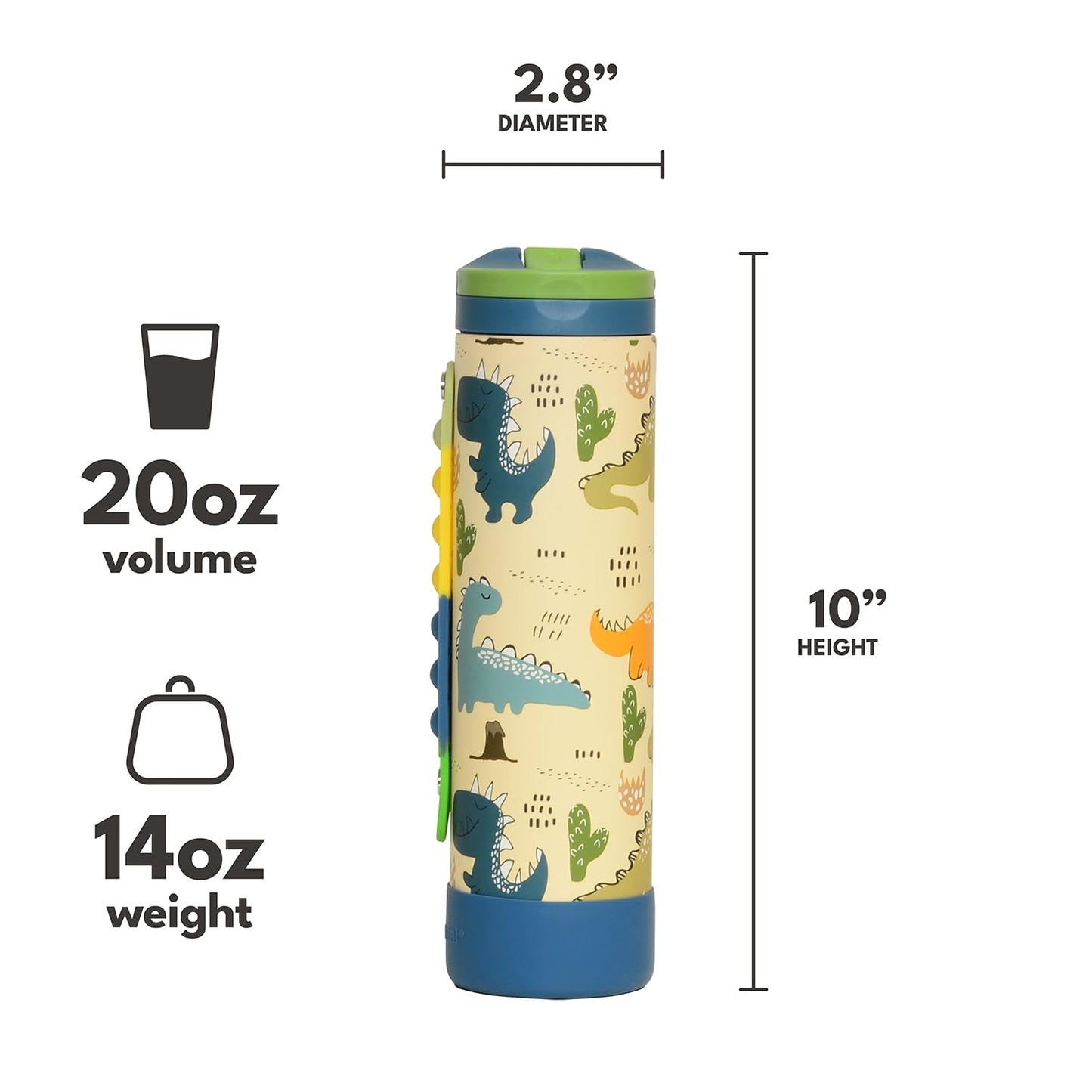 Elemental Iconic Kids Water Bottle for School - 100% Leak-Proof Insulated Water Bottles with Straw Lid & Pop-It Handle for Boys & Girls - Triple-Wall Insulated & BPA-Free, 20oz – Dinosaur - dailyvitalstore
