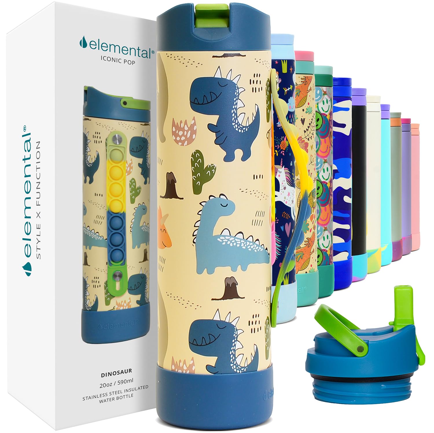 Elemental Iconic Kids Water Bottle for School - 100% Leak-Proof Insulated Water Bottles with Straw Lid & Pop-It Handle for Boys & Girls - Triple-Wall Insulated & BPA-Free, 20oz – Dinosaur - dailyvitalstore