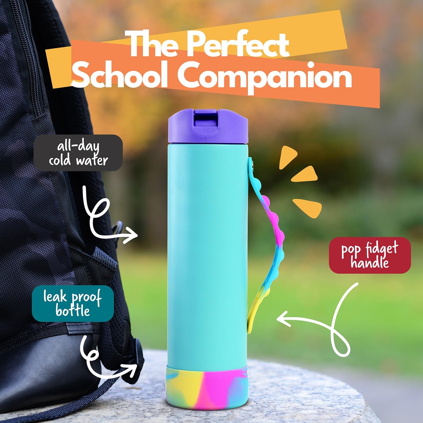 Elemental Iconic Water Bottle for School - 100% Leak-Proof Insulated Water Bottles with Straw Lid & Pop-It Handle - Triple-Wall Insulated & BPA-Free, 20oz – Blue Tie Dye - dailyvitalstore