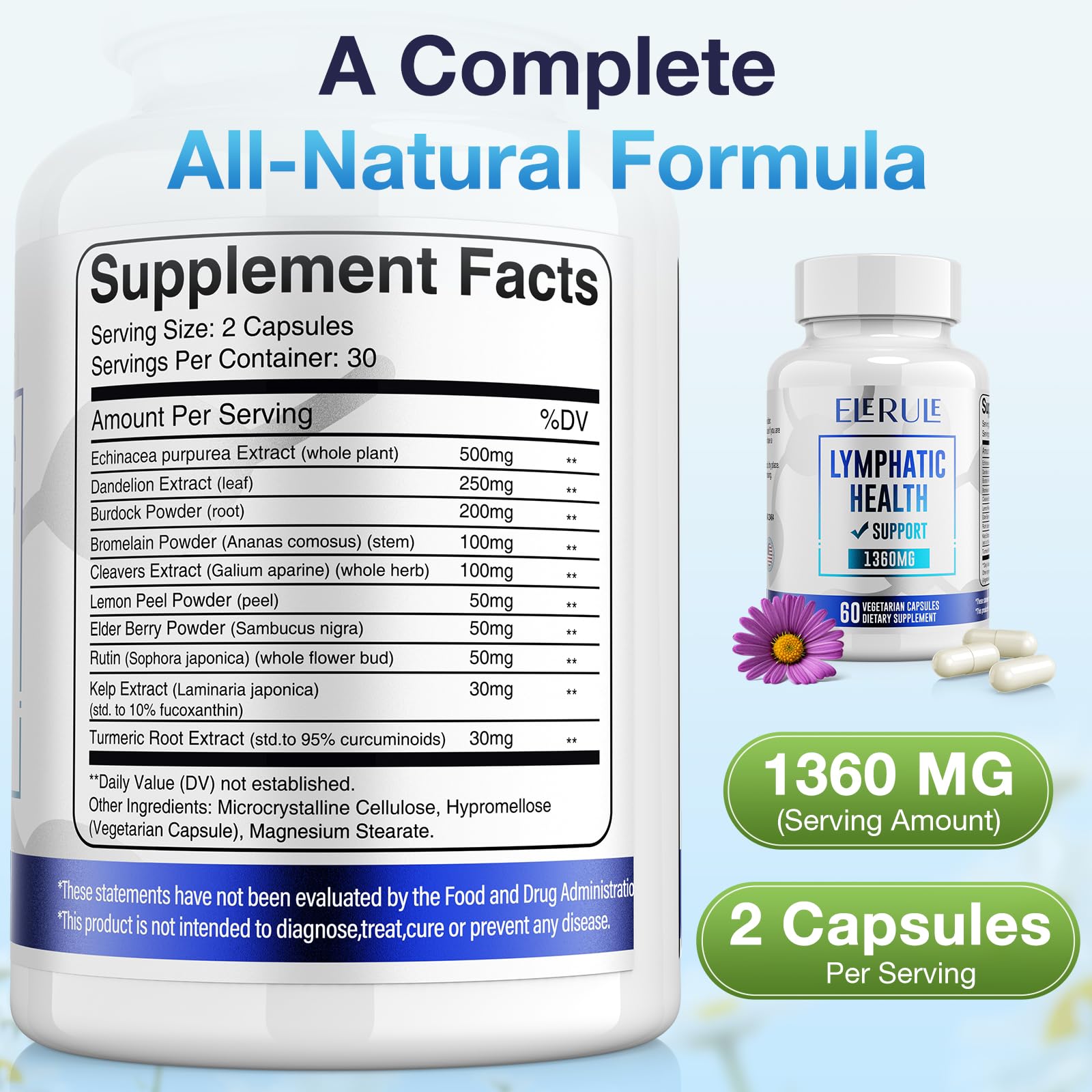 ELERULE Lymphatic Support Supplement, Lymphatic Drainage Supplements with with Dandelion, Burdock, Echinacea, Lemon & More, Lymph System Support for Men and Women – 60 Capsules - dailyvitalstore