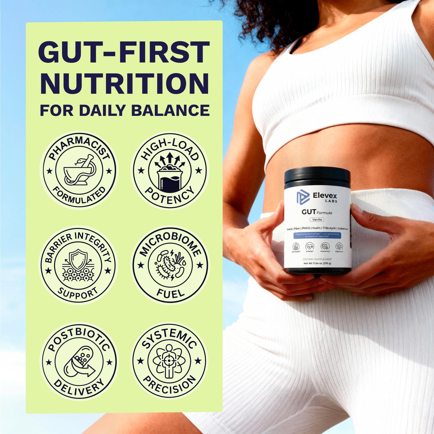 Elevex Labs Gut Health Supplement Powder – Digestive Health Formula with Colostrum, Tributyrin & PHGG Prebiotics for Gut Health, Gut Lining, Gut-Brain & Bloating Relief for Women & Men – 30 Servings - dailyvitalstore