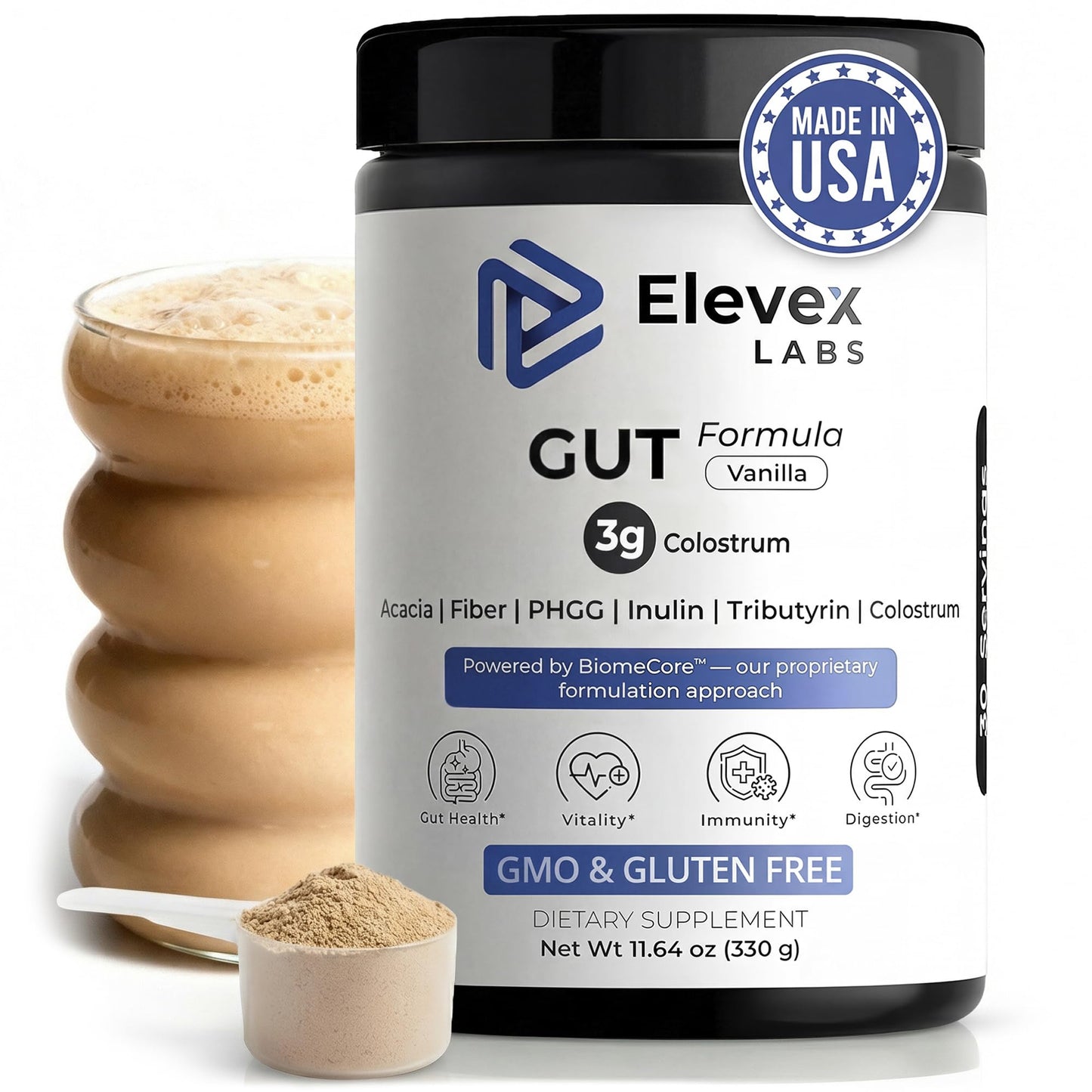 Elevex Labs Gut Health Supplement Powder – Digestive Health Formula with Colostrum, Tributyrin & PHGG Prebiotics for Gut Health, Gut Lining, Gut-Brain & Bloating Relief for Women & Men – 30 Servings - dailyvitalstore