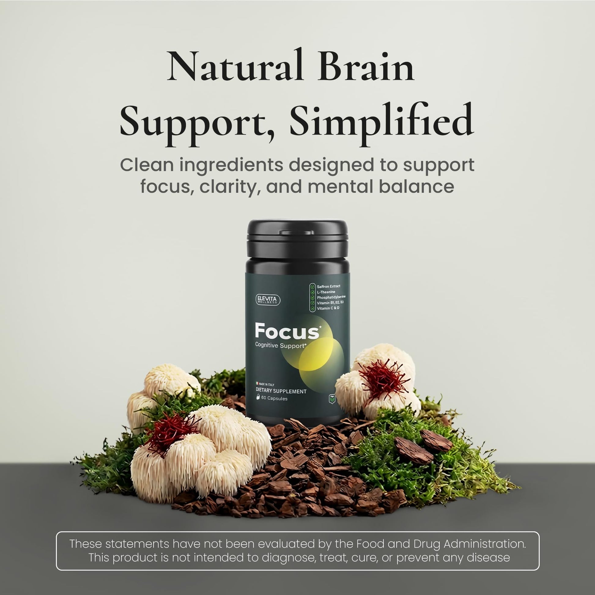 ELEVITA WELLNESS Focus Supplement (Made in Italy) | Premium Blend with L-Theanine, Lion's Mane & B Vitamins, Saffron and Vitamin D | Focus & Cognitive Support for Men & Women - dailyvitalstore
