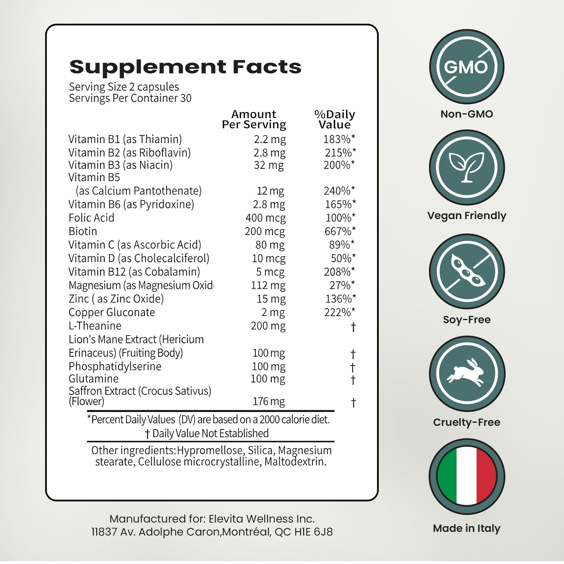 ELEVITA WELLNESS Focus Supplement (Made in Italy) | Premium Blend with L-Theanine, Lion's Mane & B Vitamins, Saffron and Vitamin D | Focus & Cognitive Support for Men & Women - dailyvitalstore