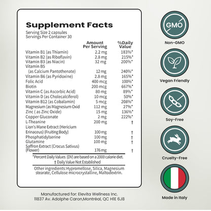 ELEVITA WELLNESS Focus Supplement (Made in Italy) | Premium Blend with L-Theanine, Lion's Mane & B Vitamins, Saffron and Vitamin D | Focus & Cognitive Support for Men & Women - dailyvitalstore