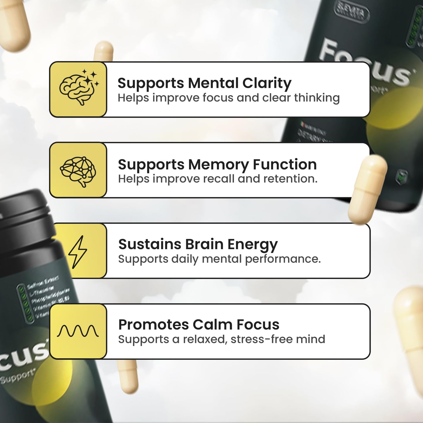 ELEVITA WELLNESS Focus Supplement (Made in Italy) | Premium Blend with L-Theanine, Lion's Mane & B Vitamins, Saffron and Vitamin D | Focus & Cognitive Support for Men & Women - dailyvitalstore