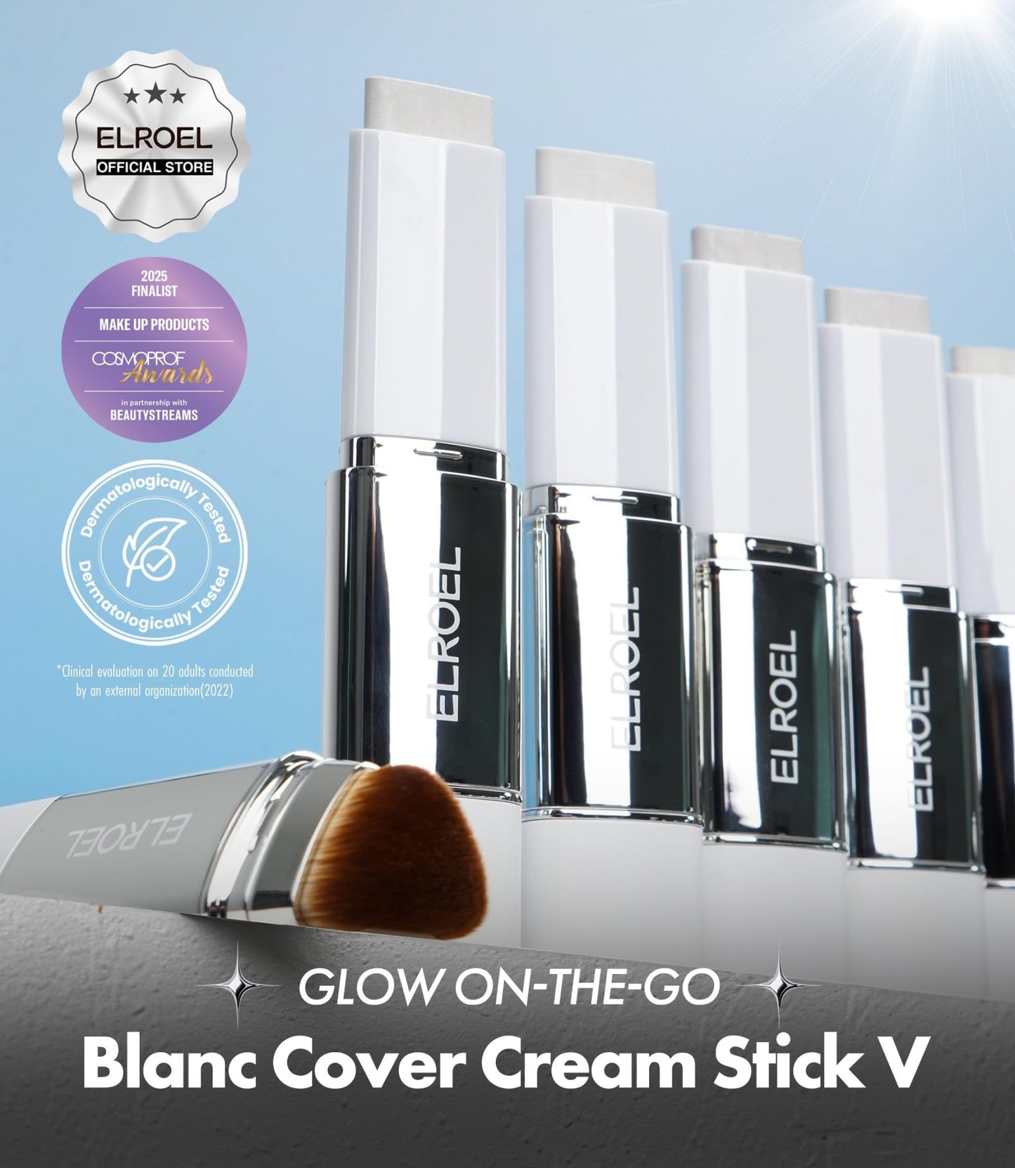 ELROEL Blanc Cover Cream Stick V White - Korean Color-Changing Foundation Stick with Volufiline - Medium to Full Coverage Dewy Finish Base Makeup - Dual-Ended with Detachable Brush (202 Natural) - dailyvitalstore