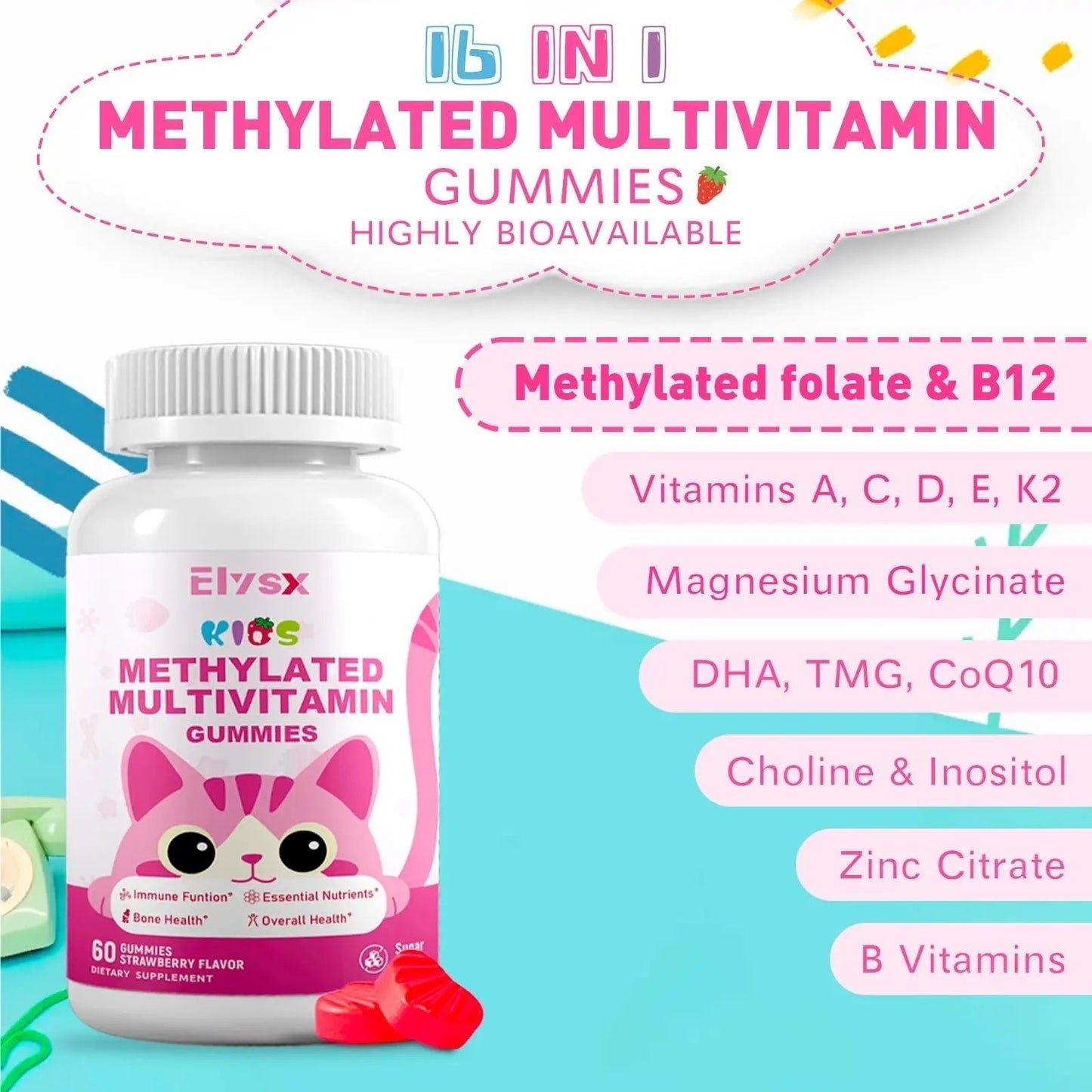 Elysx Kids Methylated Multivitamin Chewable Gummies, MTHFR Supplement with L Methylfolate, Magnesium, Biotin, Choline - dailyvitalstore