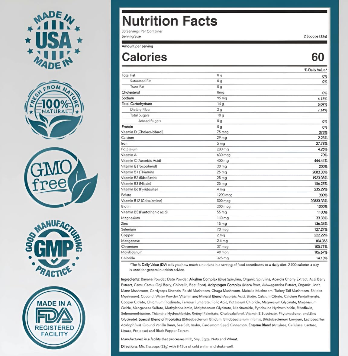 ELYXaR Daily Superfood Complex - Supplement Powder - 60+ Vitamins, Minerals, Wholefood-Sourced Ingredients, Stress Adaptogens, Pro & Prebiotics, Digestive Enzymes, & Electrolytes - 30 Servings - dailyvitalstore