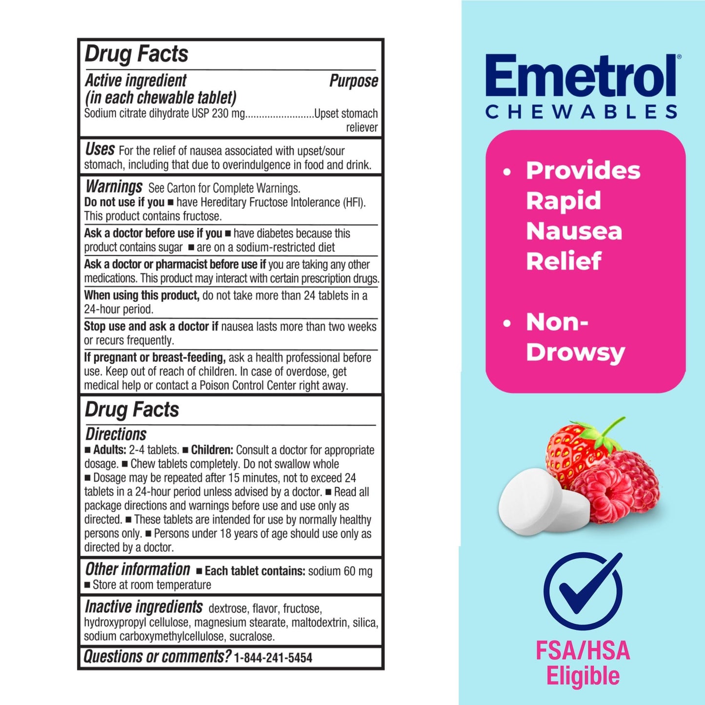 Emetrol Non-Drowsy Nausea Relief - Chewable Medicine for Upset Stomach - Pharmacist Recommended Nausea Relief - Mixed Berry Flavor, 60 Tablets - dailyvitalstore