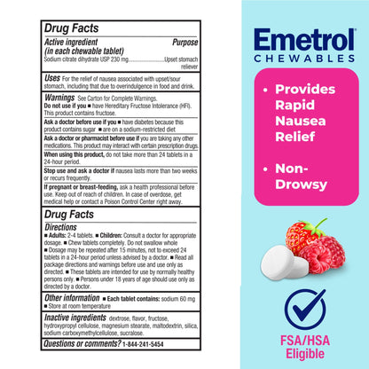 Emetrol Non-Drowsy Nausea Relief - Chewable Medicine for Upset Stomach - Pharmacist Recommended Nausea Relief - Mixed Berry Flavor, 60 Tablets - dailyvitalstore