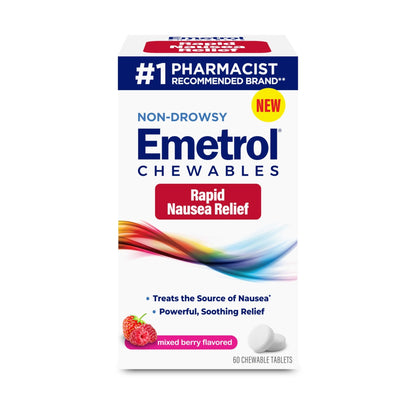 Emetrol Non-Drowsy Nausea Relief - Chewable Medicine for Upset Stomach - Pharmacist Recommended Nausea Relief - Mixed Berry Flavor, 60 Tablets - dailyvitalstore