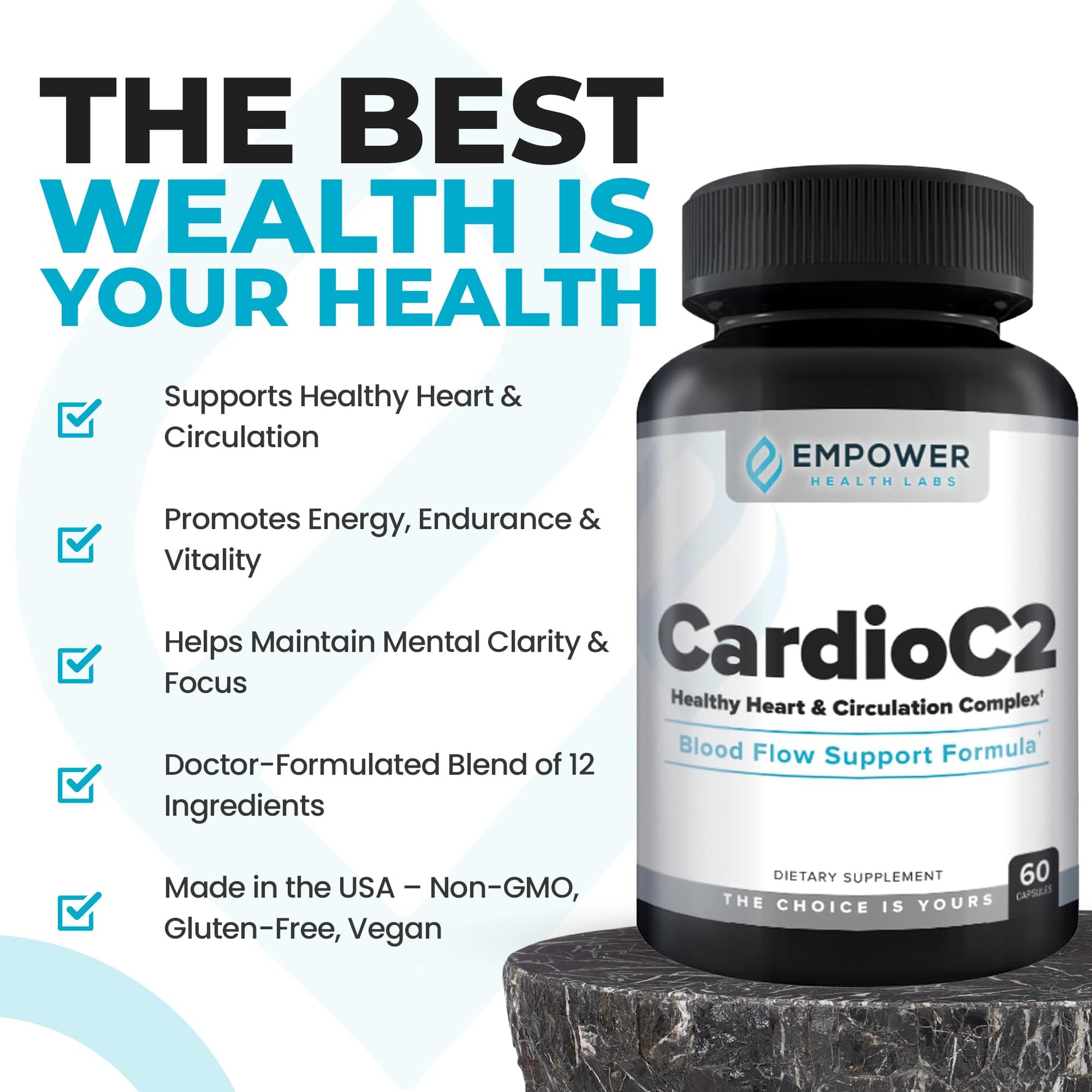 Empower Health Labs CardioC2 Circulation & Energy Support – Doctor-Formulated Blend with Beet Root, Black Garlic, Hawthorn & CoQ10 – Supports Healthy Blood Flow, Energy & Clarity – 60 Capsules - dailyvitalstore