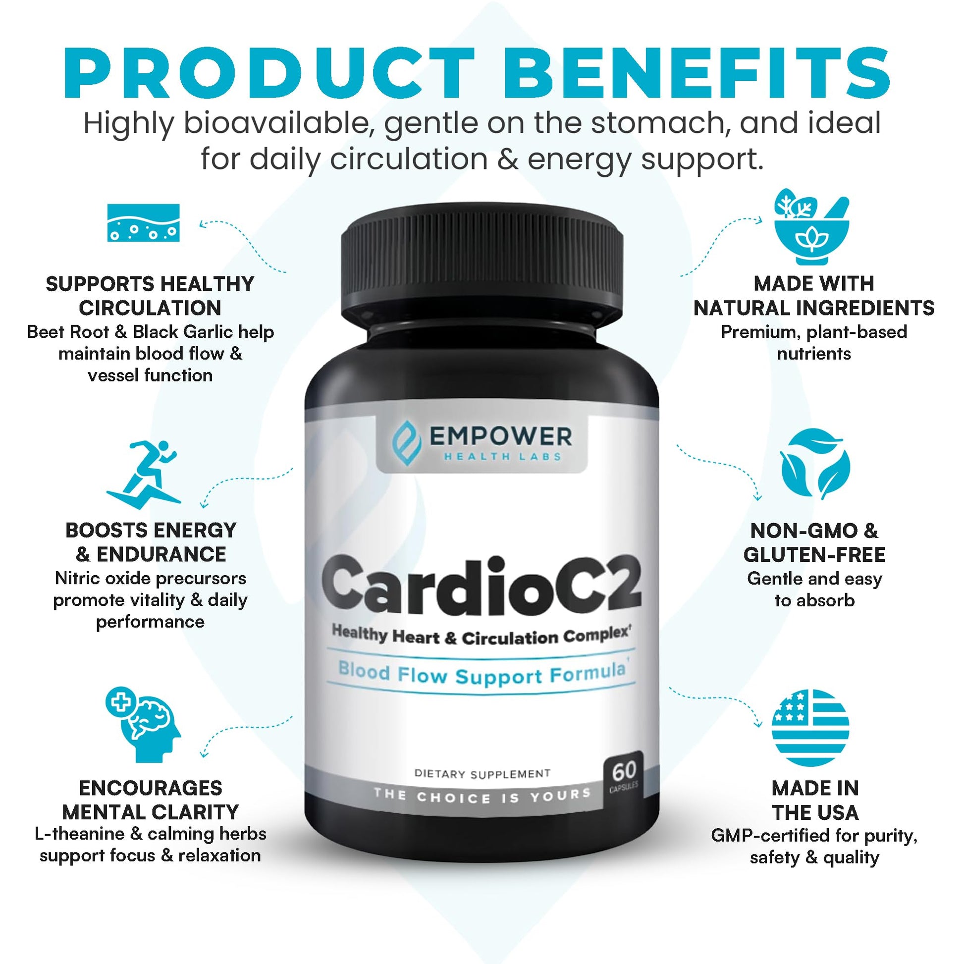 Empower Health Labs CardioC2 Circulation & Energy Support – Doctor-Formulated Blend with Beet Root, Black Garlic, Hawthorn & CoQ10 – Supports Healthy Blood Flow, Energy & Clarity – 60 Capsules - dailyvitalstore