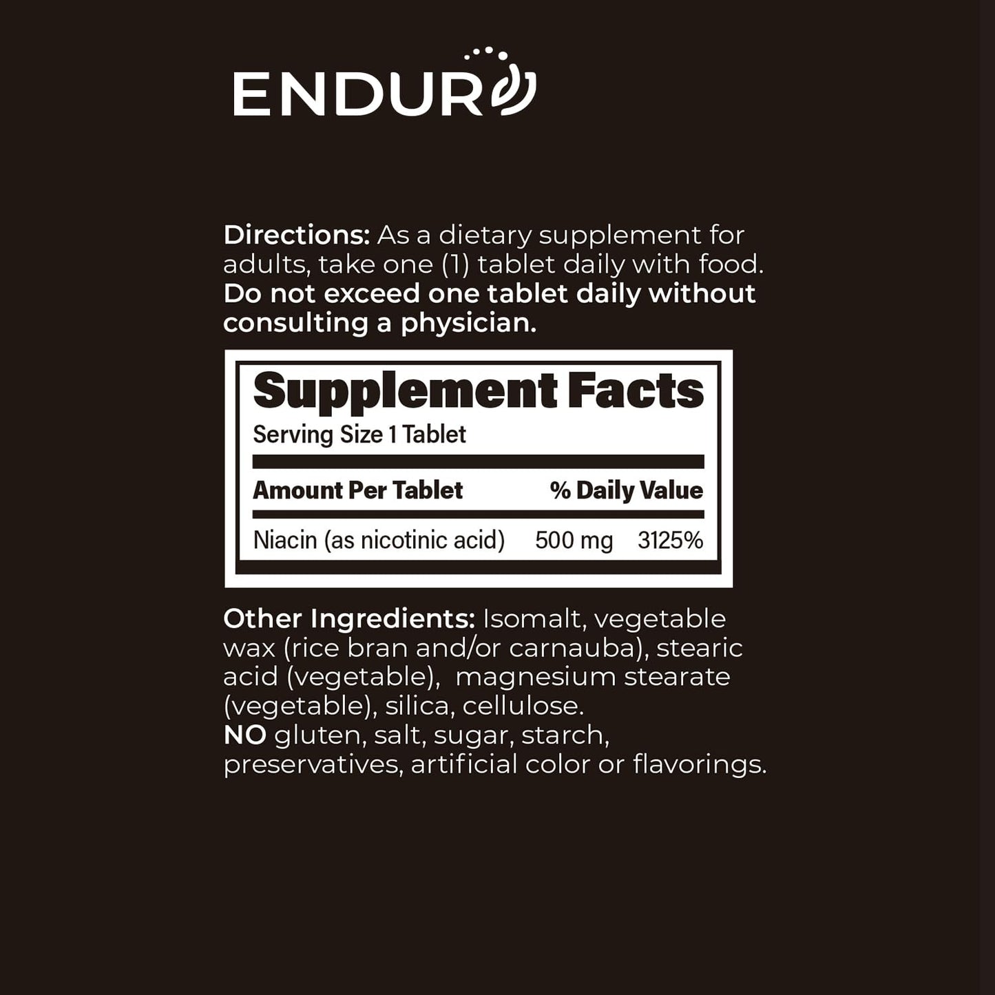 Endur Plain Niacin (Nicotinic Acid), Heart Health & Healthy Cholesterol Balance Supplement, Immediate-Release Formula, Gluten Free, - dailyvitalstore