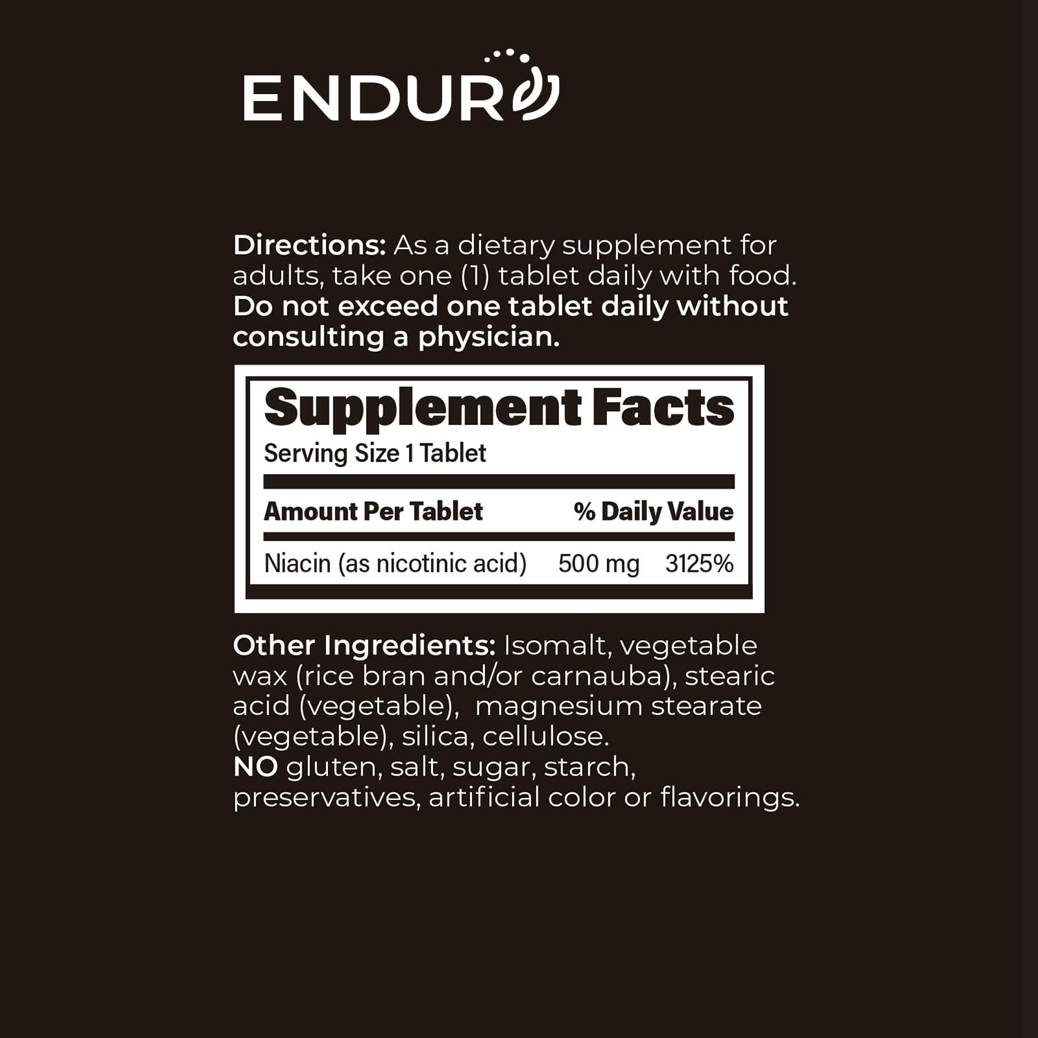 Endur Plain Niacin (Nicotinic Acid), Heart Health & Healthy Cholesterol Balance Supplement, Immediate-Release Formula, Gluten Free, - dailyvitalstore