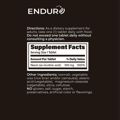 Endur Plain Niacin (Nicotinic Acid), Heart Health & Healthy Cholesterol Balance Supplement, Immediate-Release Formula, Gluten Free, - dailyvitalstore