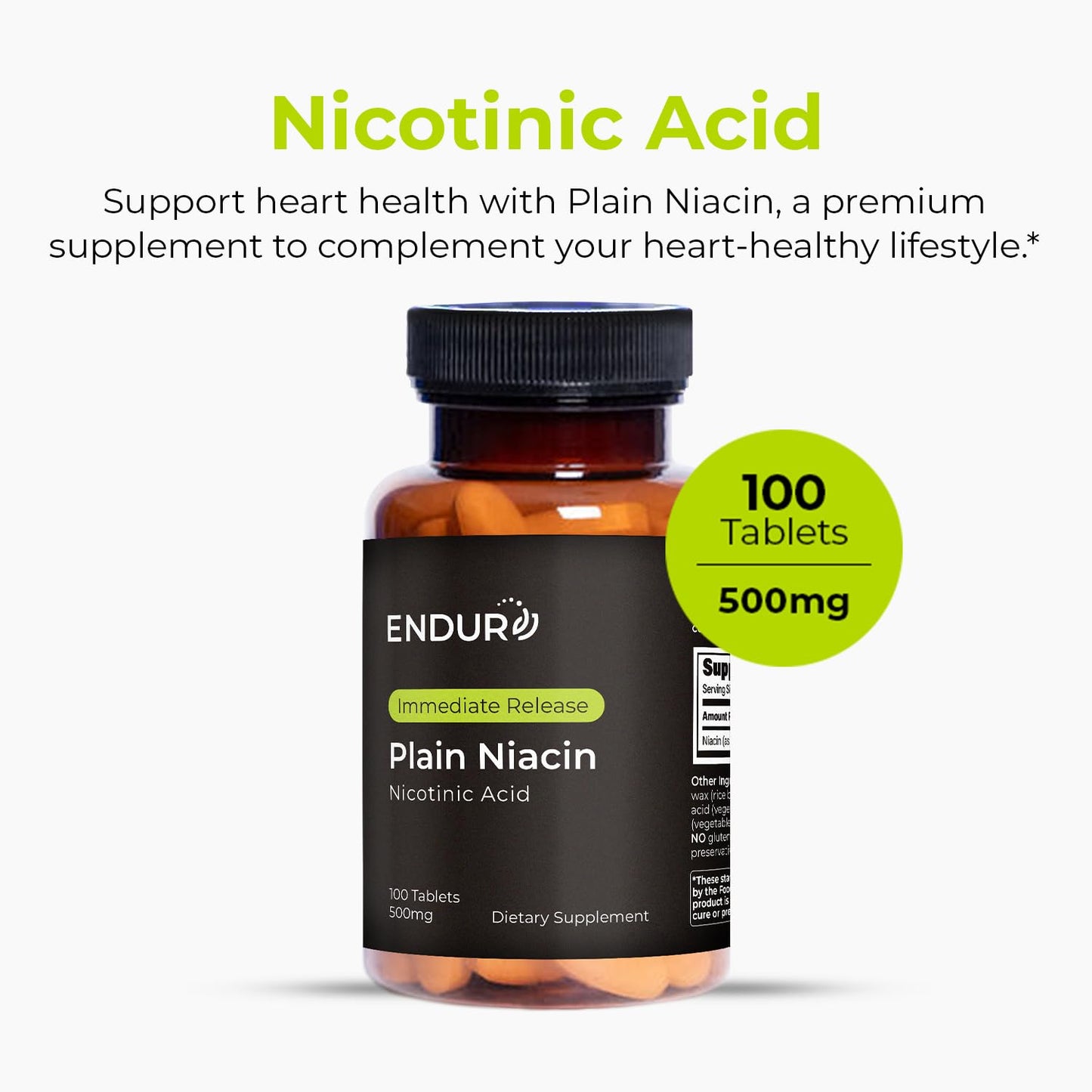 Endur Plain Niacin (Nicotinic Acid), Heart Health & Healthy Cholesterol Balance Supplement, Immediate-Release Formula, Gluten Free, - dailyvitalstore