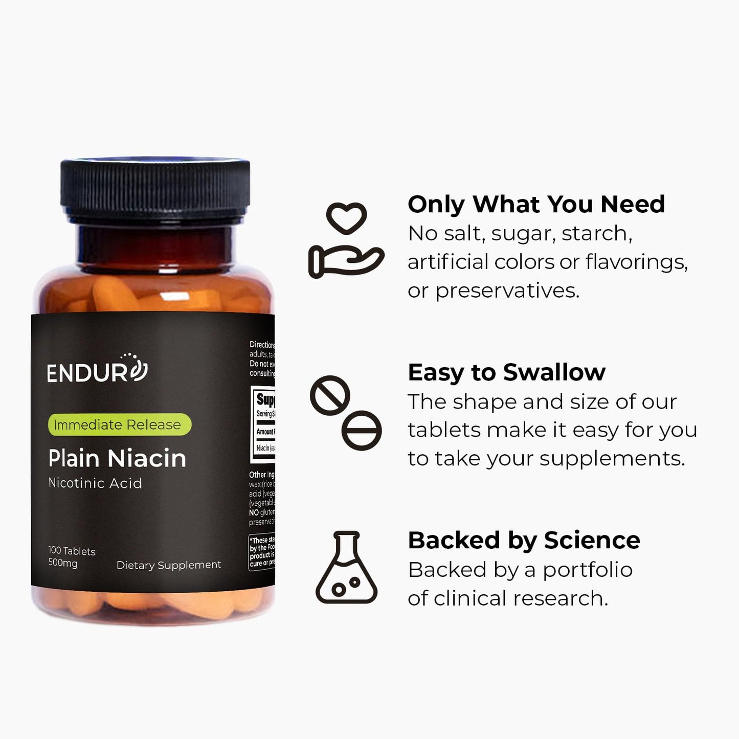 Endur Plain Niacin (Nicotinic Acid), Heart Health & Healthy Cholesterol Balance Supplement, Immediate-Release Formula, Gluten Free, - dailyvitalstore