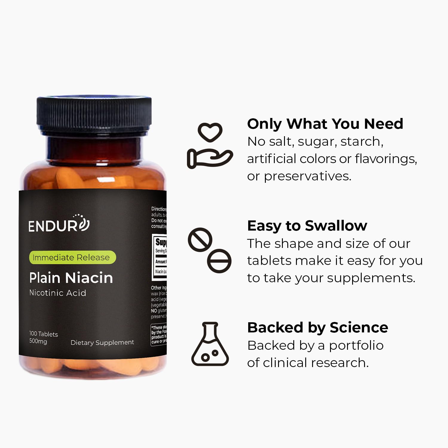 Endur Plain Niacin (Nicotinic Acid), Heart Health & Healthy Cholesterol Balance Supplement, Immediate-Release Formula, Gluten Free, - dailyvitalstore