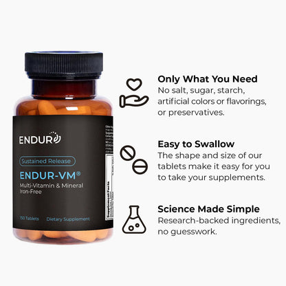 ENDUR-VM - Multivitamin Vitamin A, C, D, E, B12 & Zinc (Without Iron) SR (Sustained Release) 22 Essential Nutrients to Support Overall Wellness for Men & Postmenopausal Women - 150 Tablets - dailyvitalstore