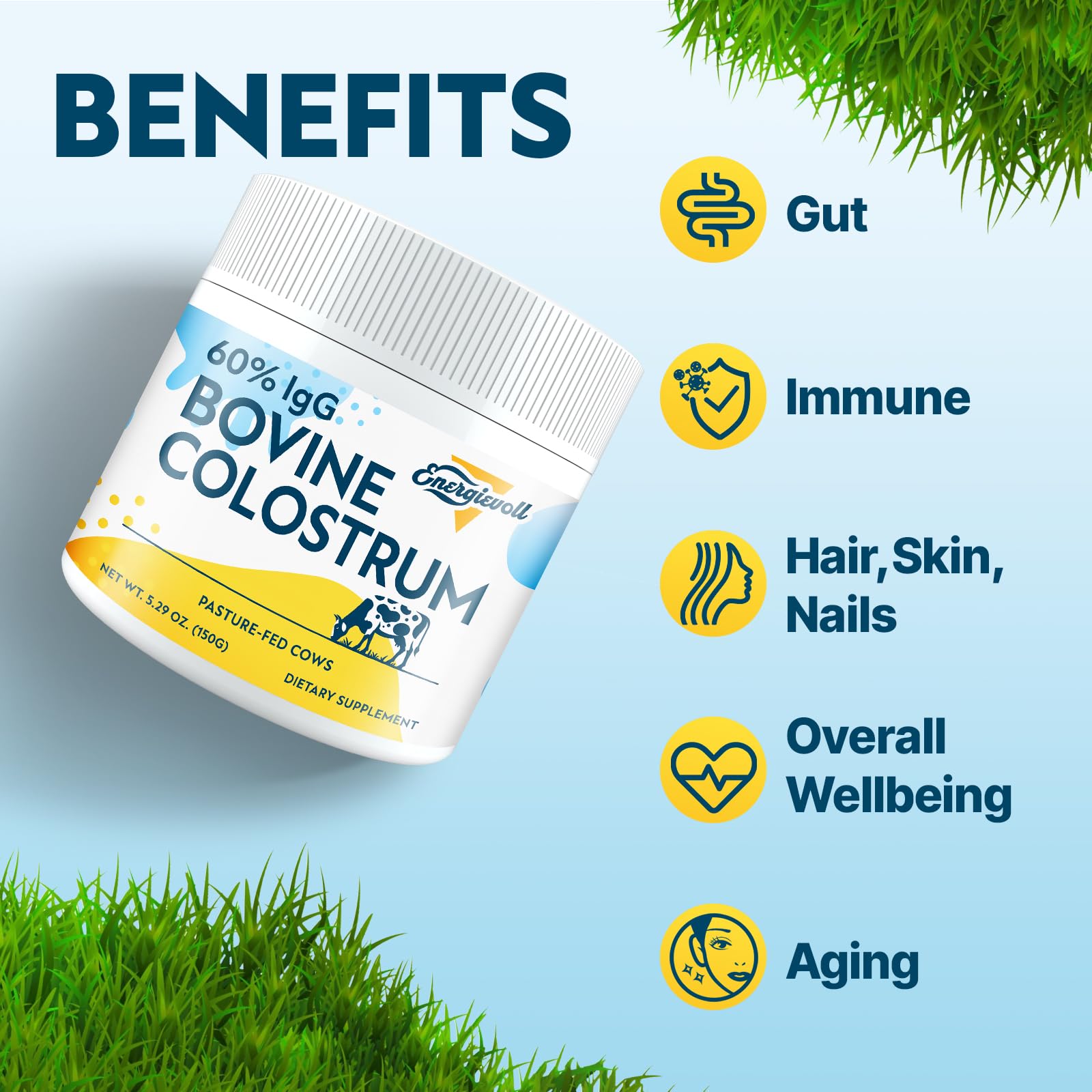 Energievoll Bovine Colostrum Supplement Powder - 60% IgG 3000 mg for Gut, Hair Growth, Beauty, and Immune, Easy to Mix, Unflavored (50 Servings) - dailyvitalstore