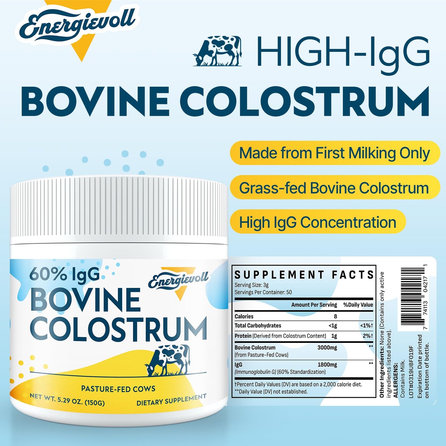 Energievoll Bovine Colostrum Supplement Powder - 60% IgG 3000 mg for Gut, Hair Growth, Beauty, and Immune, Easy to Mix, Unflavored (50 Servings) - dailyvitalstore