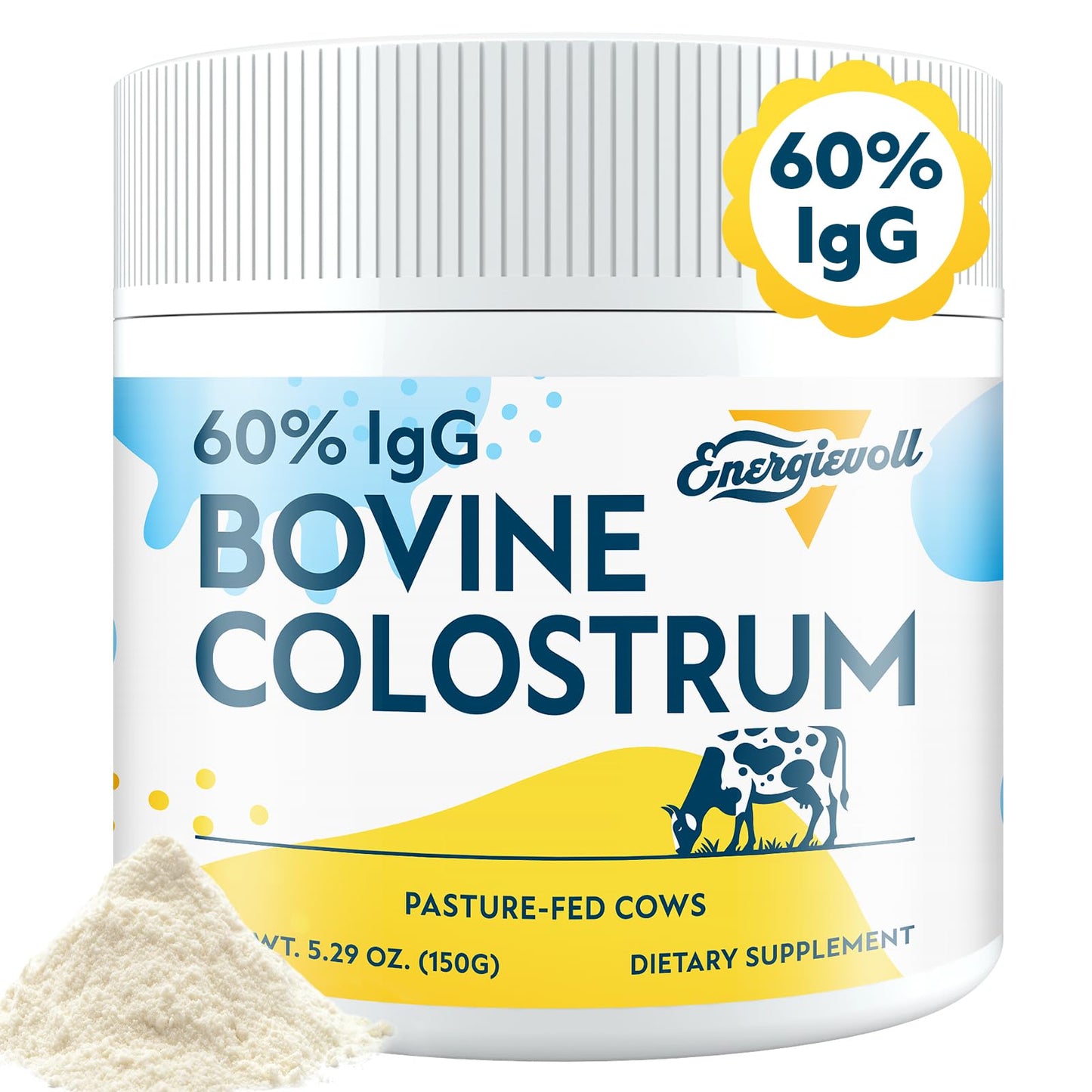 Energievoll Bovine Colostrum Supplement Powder - 60% IgG 3000 mg for Gut, Hair Growth, Beauty, and Immune, Easy to Mix, Unflavored (50 Servings) - dailyvitalstore