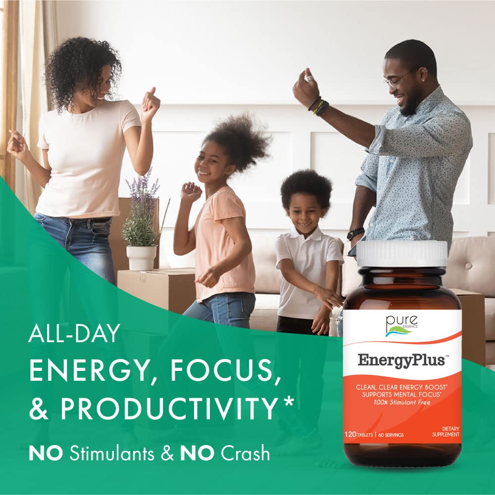 Energy Plus by Pure Essence - Caffeine Free, All Natural Herbal Energy and Focus Supplement - Smooth, No Jitters No Crash - 60 Tablets - dailyvitalstore
