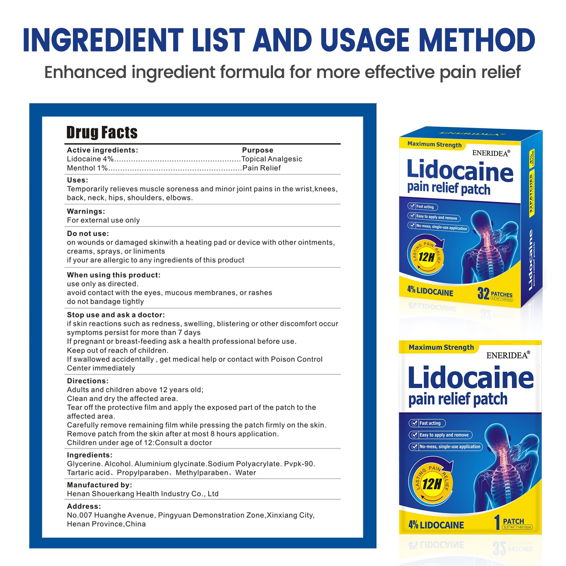 ENERIDEA Lidocaine Gel Pain Relief Patch for Sensitive Skin - Breathable & Hypoallergenic, Flexible Adhesion for Daily Muscle & Joint Comfort - 12 Hour Pain Relief (32 Patches) - dailyvitalstore