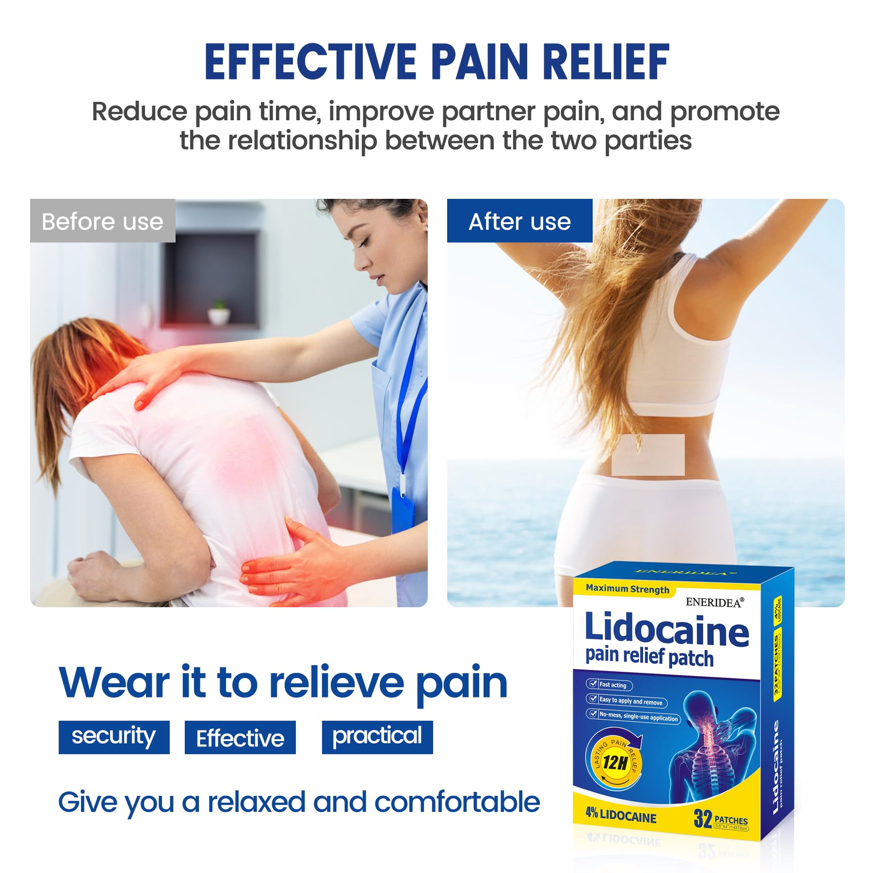 ENERIDEA Lidocaine Gel Pain Relief Patch for Sensitive Skin - Breathable & Hypoallergenic, Flexible Adhesion for Daily Muscle & Joint Comfort - 12 Hour Pain Relief (32 Patches) - dailyvitalstore