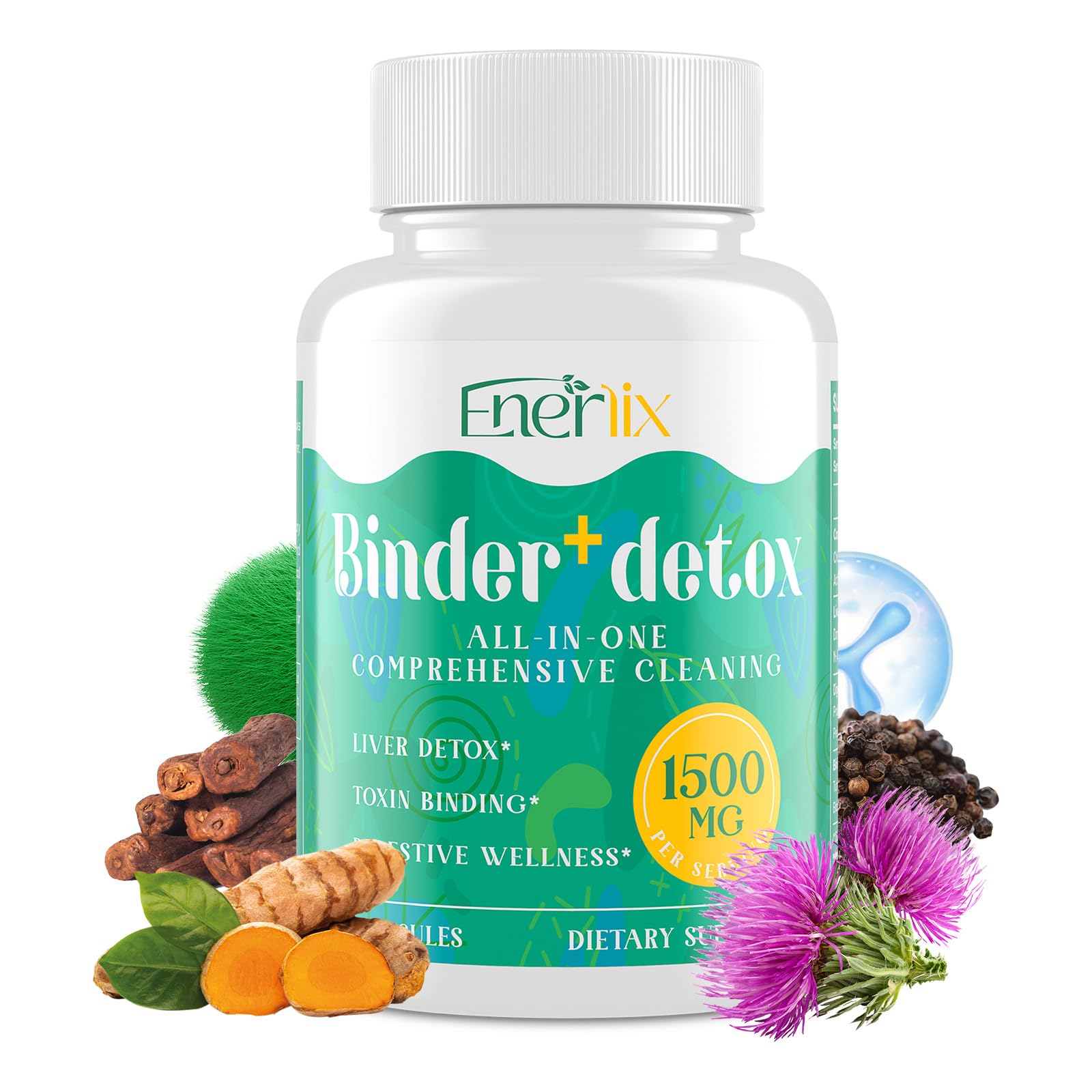 Enerlix 15-in-1 Detox Binder, Activated Charcoal, Zeolite & Bentonite Clay, Chlorella, 1500 MG Detox Supplement Maximum Absorbent, - dailyvitalstore