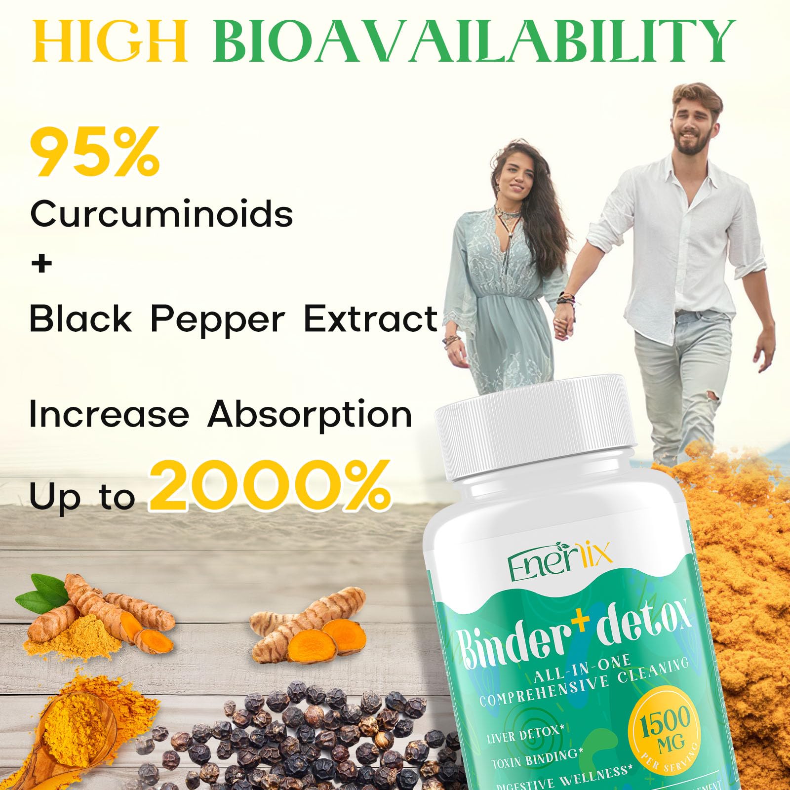Enerlix 15-in-1 Detox Binder, Activated Charcoal, Zeolite & Bentonite Clay, Chlorella, 1500 MG Detox Supplement Maximum Absorbent, - dailyvitalstore