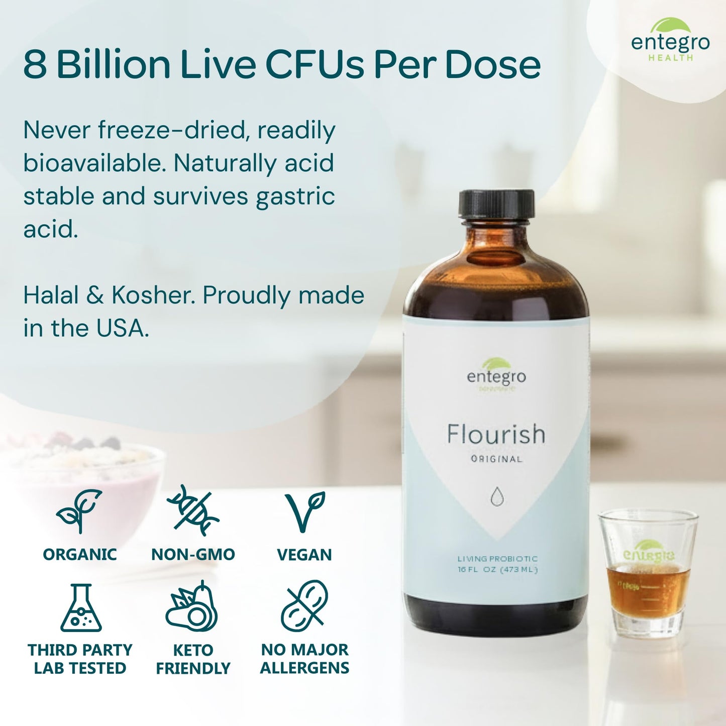 ENTEGRO Flourish Original Liquid Probiotic & Postbiotic Supplement - Glass | 11 Live Cultures | Gut & Digestive Health for Women, Men & Kids | Organic, Vegan - dailyvitalstore