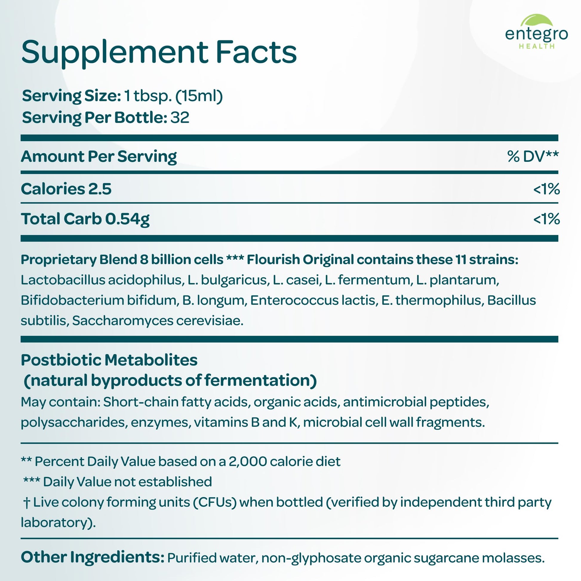 ENTEGRO Flourish Original Liquid Probiotic & Postbiotic Supplement - Glass | 11 Live Cultures | Gut & Digestive Health for Women, Men & Kids | Organic, Vegan - dailyvitalstore