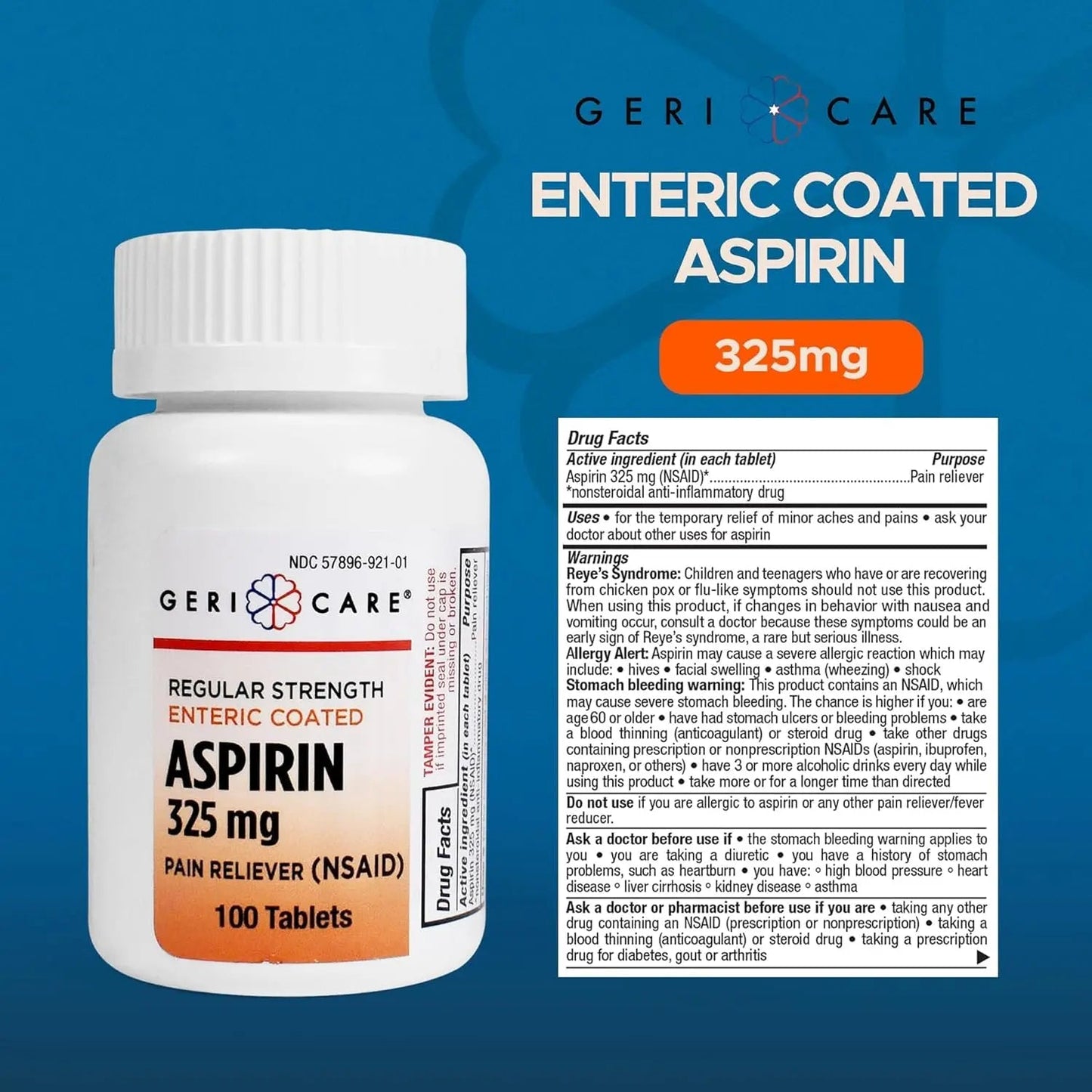 Enteric Coated Aspirin Tablets 325mg (100 Count) by GeriCare- NSAID Pain Reliever & Fever Reducer Coated Aspirin for Adults- Regular Strength Aspirin for Headache Arthritis Menstrual & Muscle Pain - dailyvitalstore